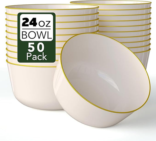 Trendables Plastic Bowls Disposable Bowls 24 Oz Bowl Set Of 50 Ivory Gold Rimmed Fancy Plastic Serving Bowls Perfect Plastic Ice Cream Bowls Plastic Salad Bowls Plastic Candy Bowl