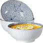 QINLANG Large Soup Bowls, Pho & Ramen Set of 3, 60 oz Blue & White Porcelain - Leaf Pattern