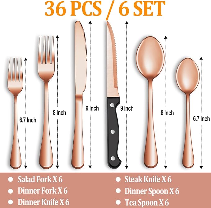 36 Pcs Rose Gold Silverware Set - Image 2