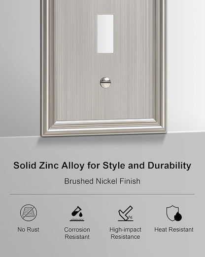 2-Pack Single Toggle Light Switch Cover Plate, Durable Solid Zinc Alloy Decorative Switch Plate Covers, Brushed Nickel 1 Gang Wall Plate, Corrosion Resistant