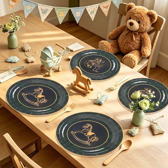 Whaline 48Pcs Baby Shower Paper Plates, Tartan Plaid, Rocking Horse, Gender - Image 7