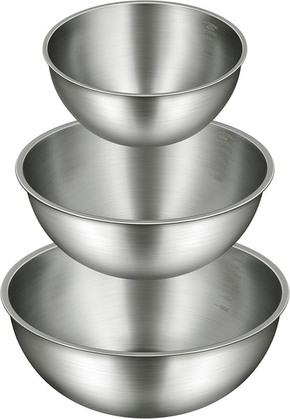 3-Piece Stainless Steel Mixing Bowls Set, 2.4, 3.2 & 4.9 Qt with Measurement Marks, Food Grade 304, Dishwasher Safe & Stackable for Baking, Tossing Salads, and Meal Prep for Your Kitchen