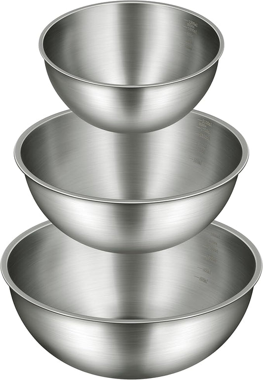 3-Piece Stainless Steel Mixing Bowls Set, 2.4, 3.2 & 4.9 Qt with Measurement Marks, Food Grade 304, Dishwasher Safe & Stackable for Baking, Tossing Salads, and Meal Prep for Your Kitchen