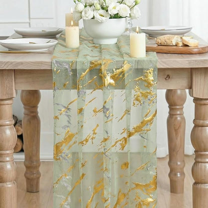 Artoid Mode Marble Pattern Sage Green Gauze Table Runner 10FT, Glitter Metallic - Image 2