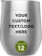 Custom Stemless Wine Glass Tumblers with Lids by Largo 11 oz. Set of 12, Personalized Bulk Pack - Perfect for Wine, Cocktails, Other Hot & Cold Beverages - Silver