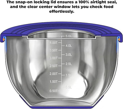 Stainless Steel Mixing Bowls with Lids – Set of 5 Large Nesting Metal Bowls for Kitchen, Baking, Cooking, Food Prep & Storage, Non-Slip Base, Dishwasher Safe,Blue