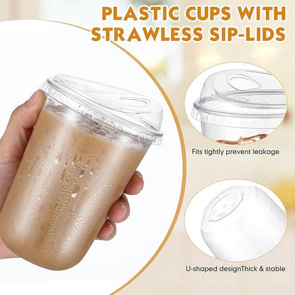 Baderke 50 Pcs Plastic Cups with Sip Lids Round Bottom Disposable Plastic Coffee Cups with Lids Clear Strawless Crystal Mugs for Iced Coffee Smoothie Cold Beverage Party Catering Supplies (16 oz)