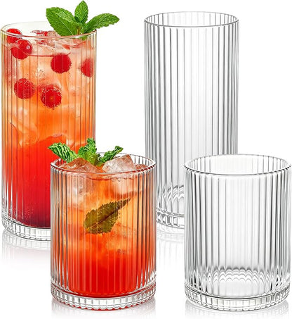 Ribbed Drinking Glasses 4pcs, 12oz and 10oz Glassware, Tumbler Glasses Cup Set by Lumkit