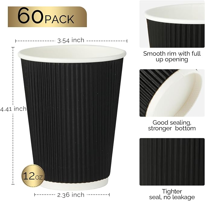 JollyPack Disposable Paper Coffee Cups, 12 oz, 60 Pack, Insulated Ripple Wall - Image 2