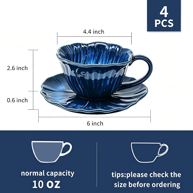 KOOV Latte Cup and Saucer Set of 4, Vintage Hand-Painted 10 oz Ceramic - Image 3