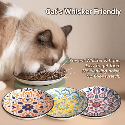 Non-Slip Cat Bowls, Ceramic Wide Pet Food Bowl Set for Relief Whisker Fatigue, 3 Pack Colorful Kitten Feeding Dishes Plates with Anti-Slip Silicone Base-Microwave and Dishwasher Safe, 8.5 oz