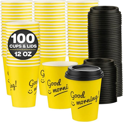 Disposable Coffee Cups with Lids, To Go Paper Hot Cups, Good Morning Design by SMYGOODS