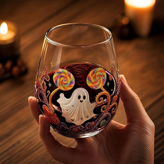 Halloween Printed Glass Cup, Ghost Pumpkin Themed Handleless Water Tumbler 15oz - Image 4