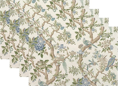 Blue Green Chinoiserie Placemats Set of 4 Spring Vintage Bird Flower Decor Place Mats 12x18 Inch Floral Seasonal Decorative Linen Table Mats for Home Kitchen Dining Party Table Decoration