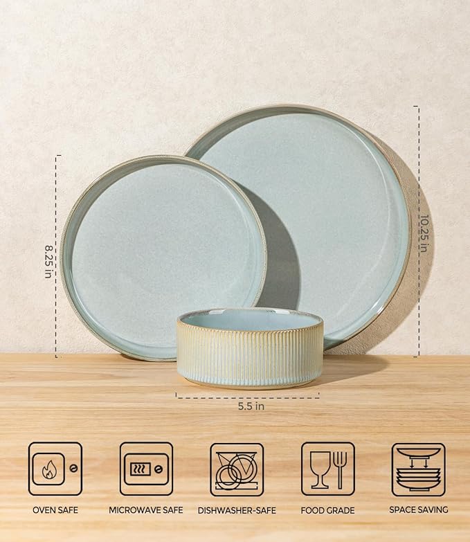 Ceramic Dinnerware Set for 8, 24-Piece Plates and Bowls Set | Lightweight - Image 2