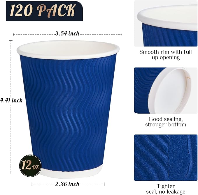 JollyPack Disposable Paper Coffee Cups, 12 oz, 120 Pack, Insulated Ripple Wall - Image 2