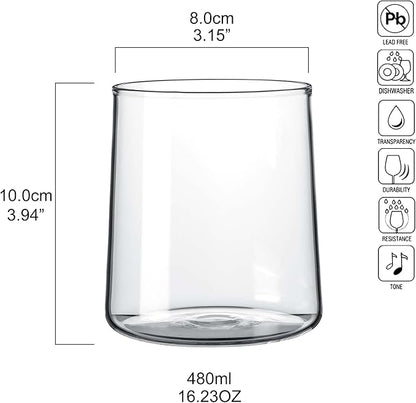 Joseph Sedgh Collection Clear Glass Tumbler Set of 4 – 16.5 oz Borosilicate Drinking Glasses – Durable, Lead-Free, Dishwasher Safe – Modern Water, Juice, Cocktail Glasses