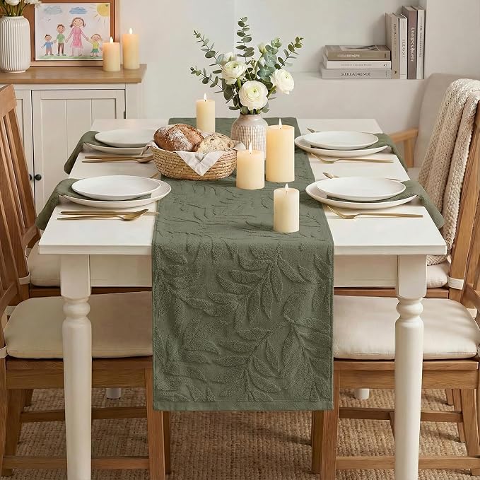 Artoid Mode Olive Green Soft 3D Jacquard Leaves 100%Cotton Spring Table Runner - Image 2