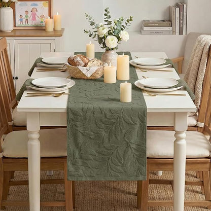 Artoid Mode Olive Green Soft 3D Jacquard Leaves 100%Cotton Spring Table Runner - Image 2