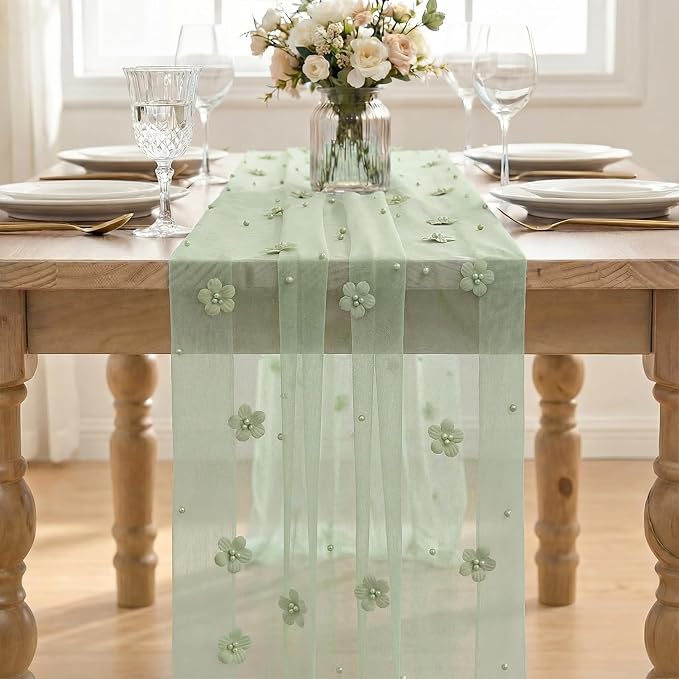 Artoid Mode Sage Green Flower Pearl Green Gauze Table Runner 10FT, Seasonal - Image 2