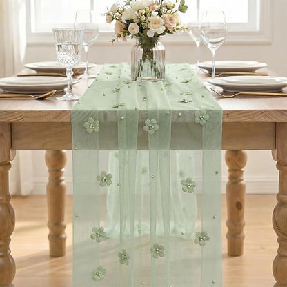 Artoid Mode Sage Green Flower Pearl Green Gauze Table Runner 10FT, Seasonal - Image 2