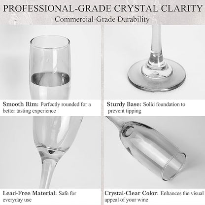 Champagne Flutes Glasses Set of 6-6oz Elegant Crystal Glass, Classic Long Stem Clear Champagne Flute Gift for Wedding, Anniversaries, Parties, Birthday, Restaurant, Home Bar