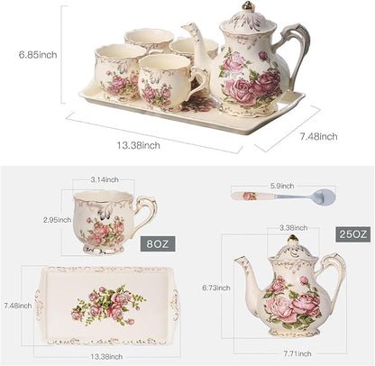 YOLIFE Porcelain Tea Set, Ivory Vintage Pink Rose Teaset | 4 Teacups, 1 Teapot - Image 6