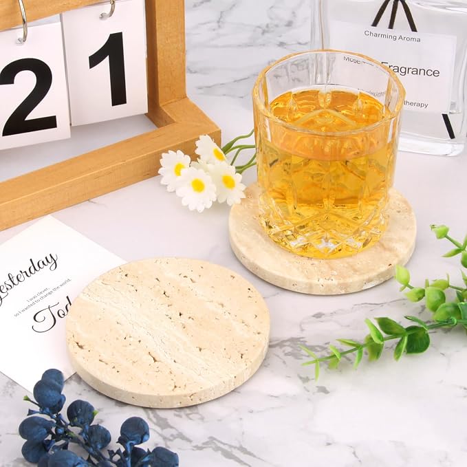 Natural Travertine Coasters Set of 4, 4 inch Round Stone | Stone Coasters - Image 6