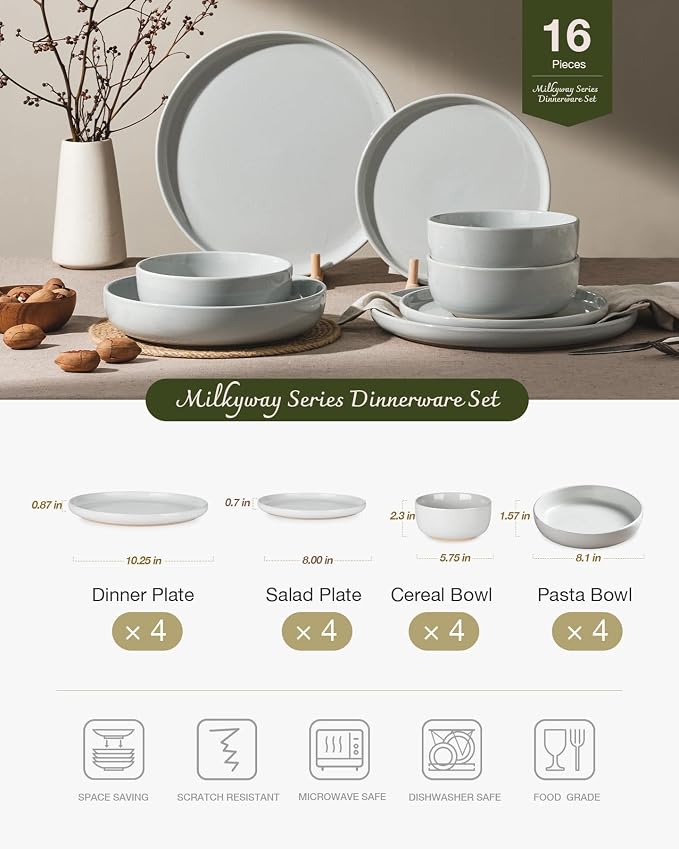 Famiware Milkyway 16-Piece Stoneware Plates and Bowls, Light Gray | Dinnerware - Image 2