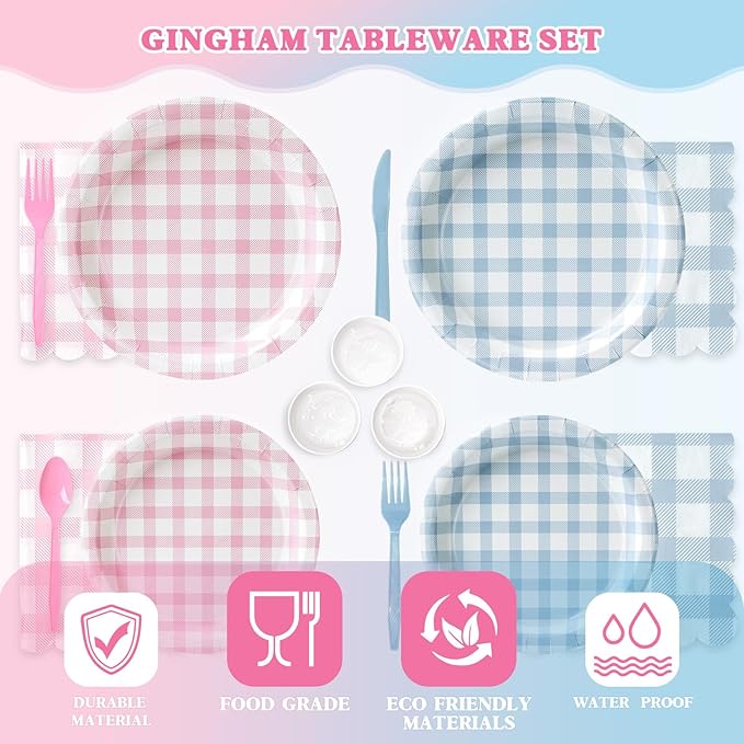 Vyntra 350 Pcs Pink & Blue Gingham Paper Plates and Napkins Set - Image 6