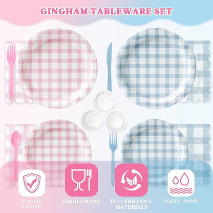 Vyntra 350 Pcs Pink & Blue Gingham Paper Plates and Napkins Set - Image 6