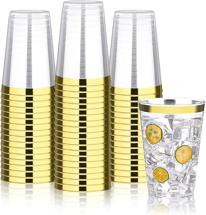 BESTVIP 12oz Gold Plastic Cups, 100 Pack Gold Rimmed Disposable Cups, Heavy-duty Party Cocktail Glasses, Plastic Cups for Party, Holiday, Christmas, Wedding and Birthday