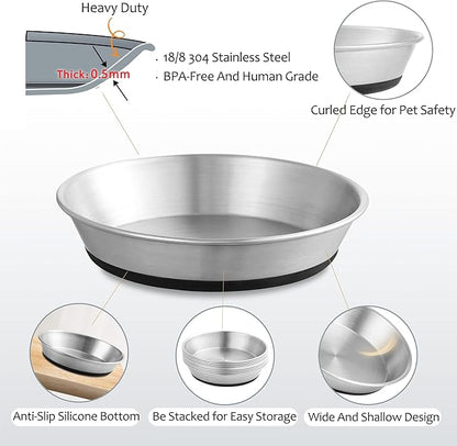 Stainless Steel Cat Bowls,Whisker Friendly Shallow Cat Dishes for Food and Water,Non-Slip Silicone Bottom,Heavy Duty,Replacement Kitten Metal Plate for Elevated Stands,6 Pack