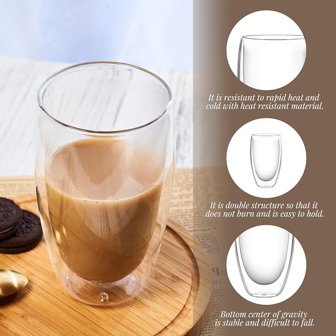 Glass Coffee Cups Set of 4, 15 oz Insulated Double Wall Glass Espresso Cups - Image 2