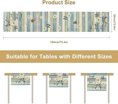 Daisy Floral Table Runner, Spring Summer Floral Flower Blue Wooden Boards Boho - Image 5