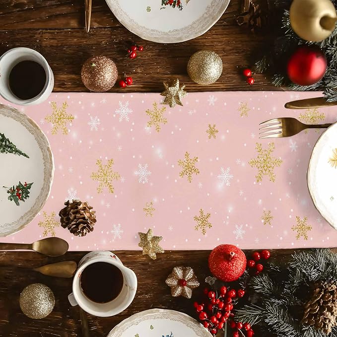 Pink Christmas Snowman Short Table Runners 48 Inches, Cotton Linen Fabric - Image 6