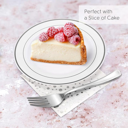 Stylish 7.5 Inch Silver Cake Plates with Disposable Forks and Cocktail Napkins (100 Set) - Small Appetizer Plates - Silver Plastic Dessert Plates - Plastic Cake Plates for Wedding Reception