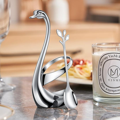 AnSaw Silver Swan Base With 10-Pcs Mini Leaf Coffee Spoon Holder Set-4.7" | - Image 7