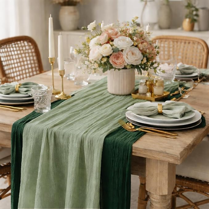 Cheesecloth Table Runner 10 Pack Sage Green and Dark Green, Boho Gauze Table by Avolander