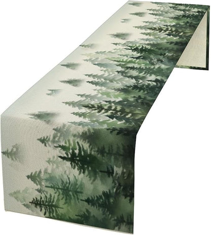 Watercolor Green Pine Trees Table Runner, Forest Woodland Tabletop Scarf Home by SXXLDNG
