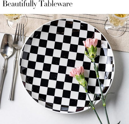 Ceramic Dinner Plates Set of 6-10 Inch Salad Plates, Black and White Checkered Porcelain Dinner Plates Microwave, Oven & Dishwasher Safe, Minimalist Porcelain Dish Set