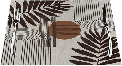 Mid Century Abstract Boho Placemats Geometric Neutral Beige Modern Leaf Plant Semicircle Art Washable Place Mats 12x18Inch for Dining Kitchen Farmhouse Decor 4 PCS