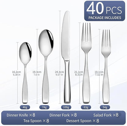 40 Piece Stainless Flatware Sets for 8, 18/10 Heavy Stainless Steel Flatware, Heavy Duty Silverware Set, High End Flatware, Mirror Satin, Dishwasher Safe, Ideal for Gift