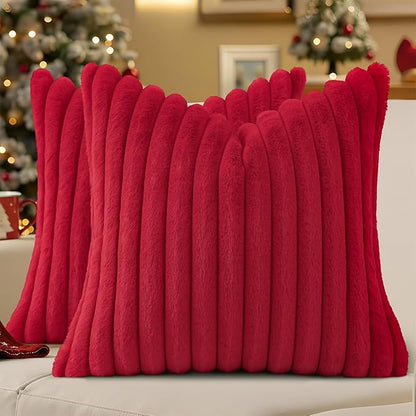 decorUhome Cozy Faux Fur Spring Throw Pillow Covers 20x20 Set of 2 Decorative Soft Plush Striped Modern Farmhouse Boho Couch Pillow Cases with Velvet Back for Sofa Bed Living Room, Red