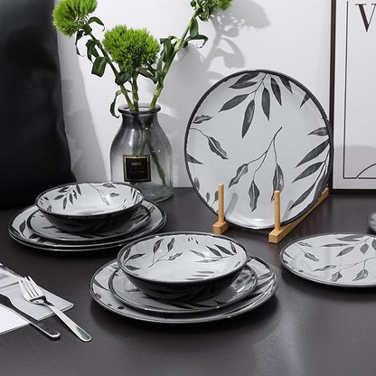 12pcs Melamine Dinnerware Set - Service for 4 Melamine Plates and Bowls Set, Unbreakable Dinner Salad Dessert Plate, Cereal Bowl Set for Indoor/Outdoor, Gray Leaf