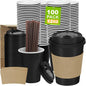 100 Pack 12 oz Disposable Coffee Cups with Lids and Sleeves, Leak-Proof To Go Coffee Cups, PLA Black Paper Coffee Cups for Hot Beverage