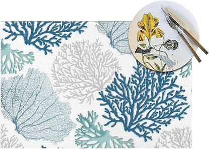 Placemats Set of 6 Nautical Blue Coral Place Mats Coastal Teal Beige Coral Woven Table Mats Washable Ocean Theme PVC Placemat for Dining Kitchen Decor Indoor Outdoor, 12 x 18 Inch