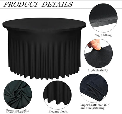 4 Pack Black Round Table Skirt, 48 Inch Diameter x 30 Inch Height, Stretch Polyester Spandex Tablecloth for 4ft Tables, Stain & Wrinkle Resistant for Wedding, Party, Banquet Decor