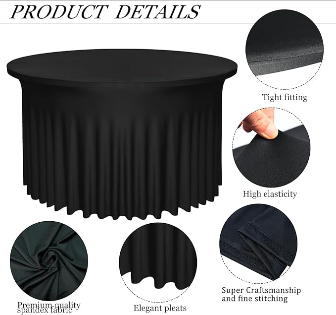 4 Pack Black Round Table Skirt, 60 Inch Diameter x 30 Inch Height, Stretch Polyester Spandex Tablecloth for 5ft Round Tables, Stain & Wrinkle Resistant for Wedding, Banquet Decor