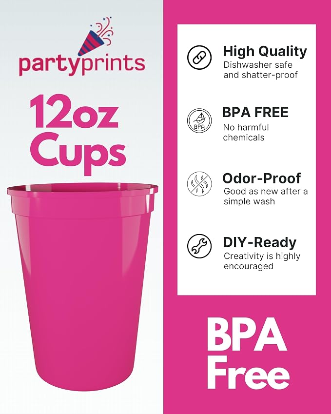 PartyPrints 100 Pack Small 10 to 12 oz Neon Pink Reusable Blank Plastic Cups - Image 2